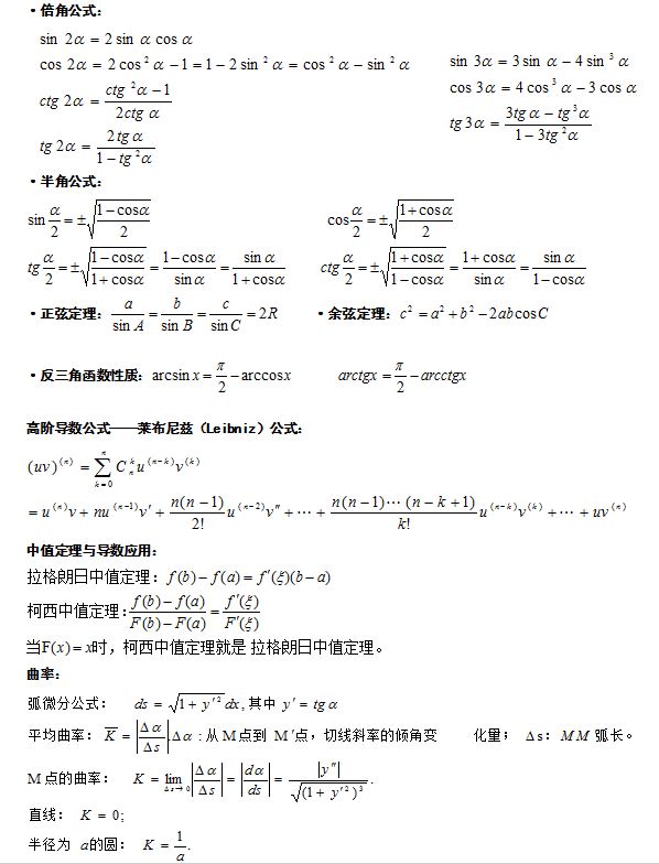 2020年江蘇成人高考高等數(shù)學（一）必背重要公式